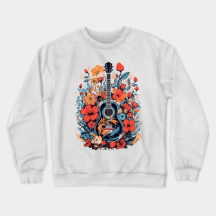 Acoustic Guitar Retro Red Roses Orange Poppies Nature Groovy Crewneck Sweatshirt